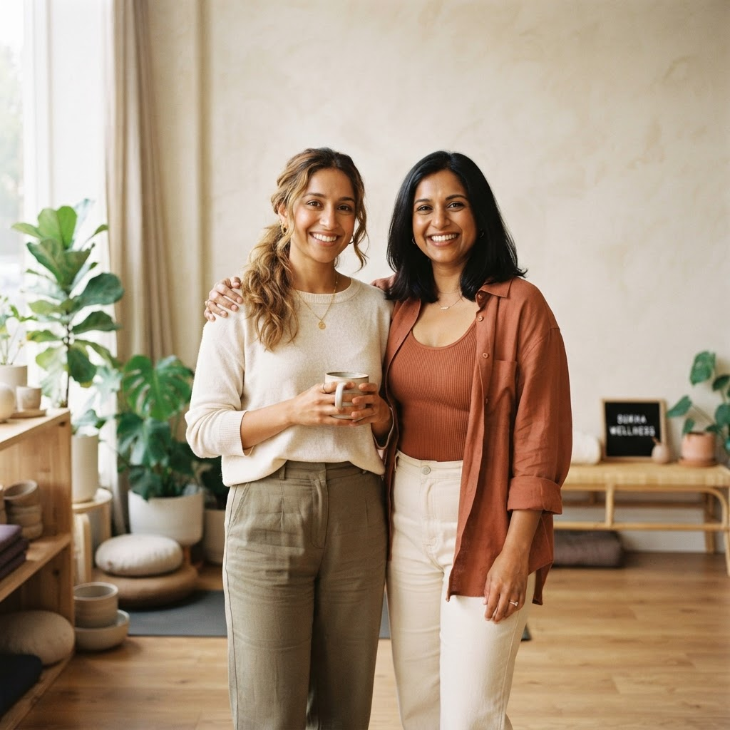 The two founders of Saath Wellness standing together in a warm studio